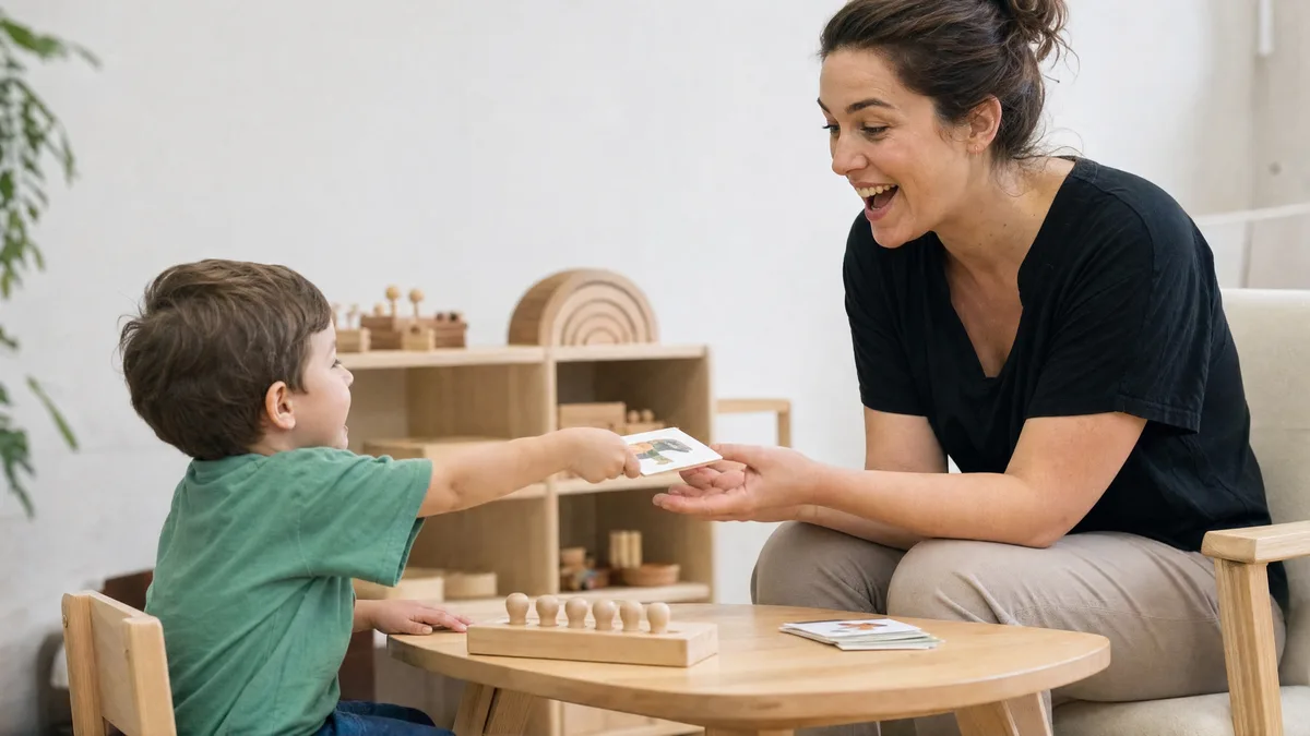 Un niño entrega una tarjeta con una imagen a una terapeuta que responde con evidente alegría.