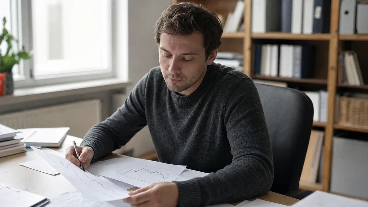 Un clínico en un escritorio revisando gráficas de avance impresas, con un bolígrafo en la mano.