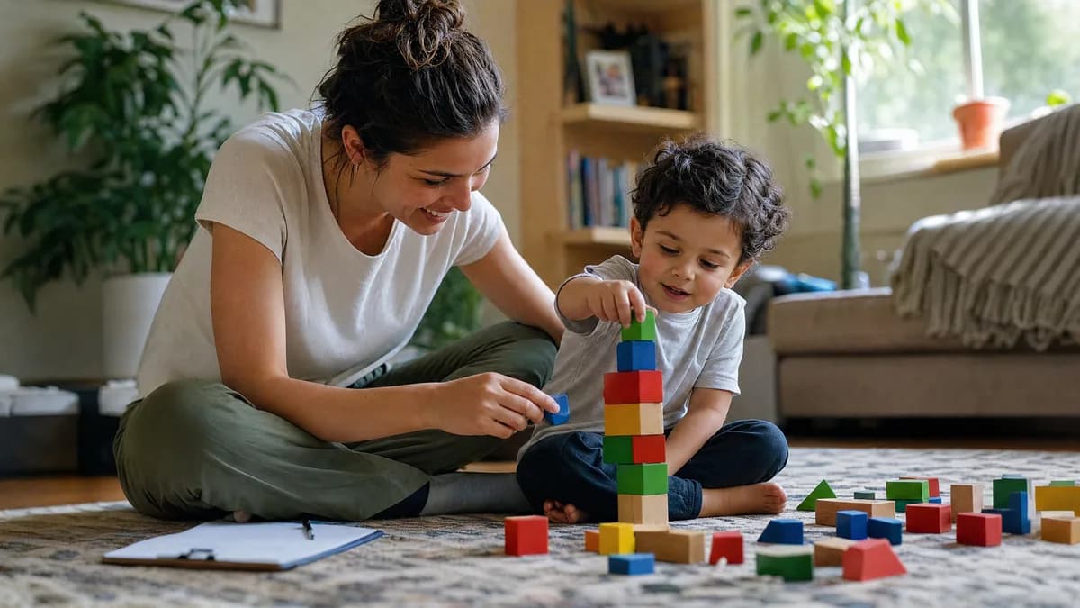 A behavior technician sitting on a living-room floor building with blocks alongside a young child.
