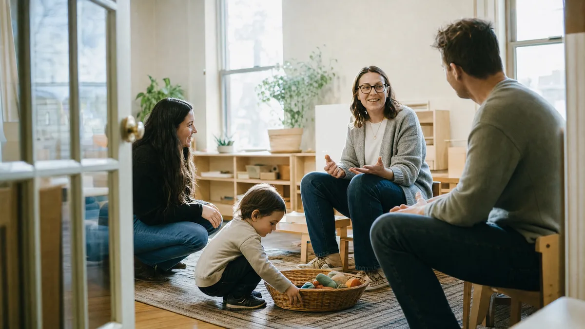 A family being shown around a bright therapy space, their child already reaching for a basket of toys.