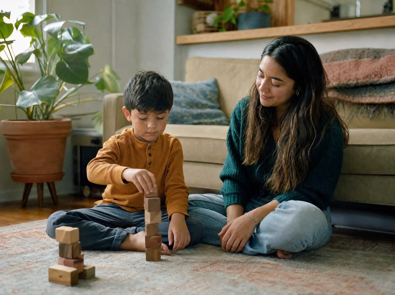 Una madre y su hijo pequeño sentados en la alfombra de su sala, apilando bloques de madera juntos.