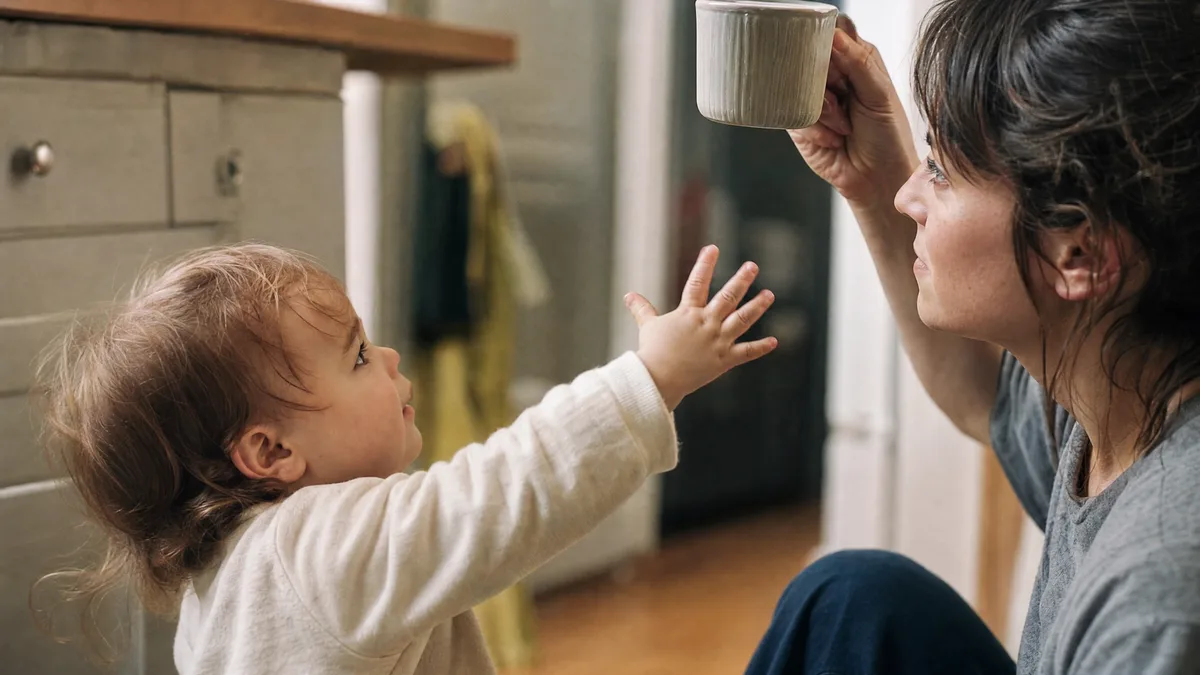 Un niño pequeño estirándose hacia un vaso que sostiene un adulto que espera, a su altura.