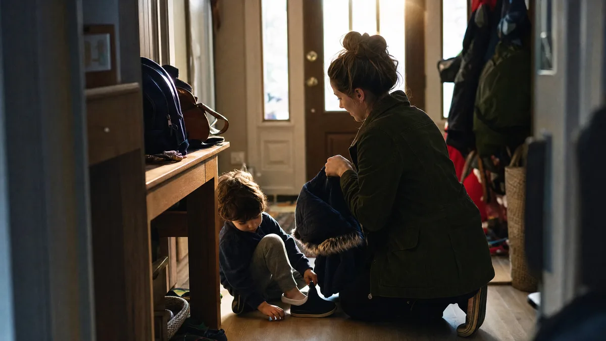 Un padre arrodillado junto a la puerta ayudando a un niño pequeño a ponerse un zapato, con luz de la mañana.
