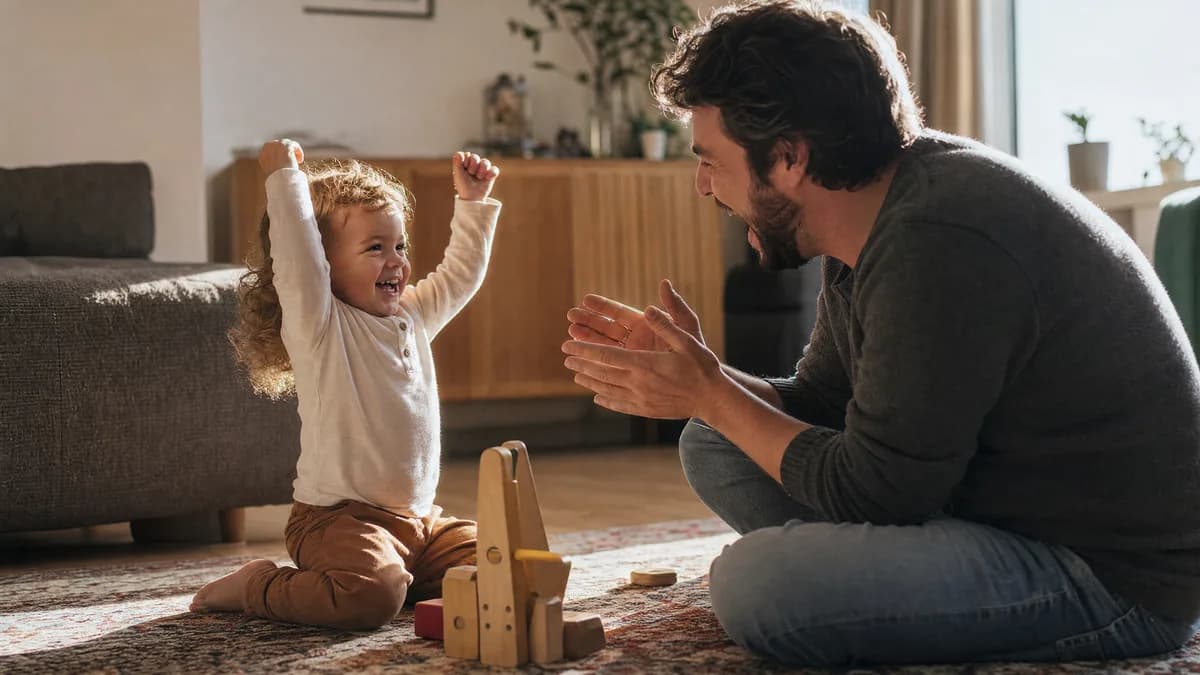 A parent and young child mid-celebration on a living-room rug, a wooden toy between them.