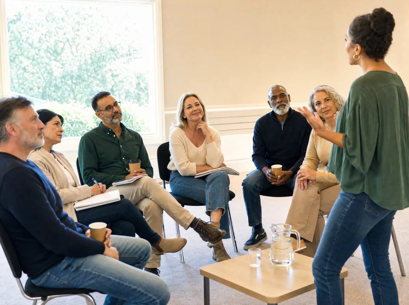 Six parents and grandparents sitting in a semicircle in a bright room, listening to a facilitator.