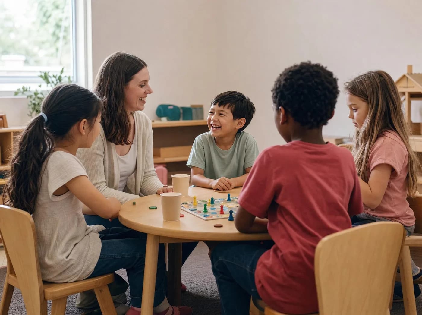 Four children playing a turn-taking board game around a low table, with a therapist kneeling beside them.