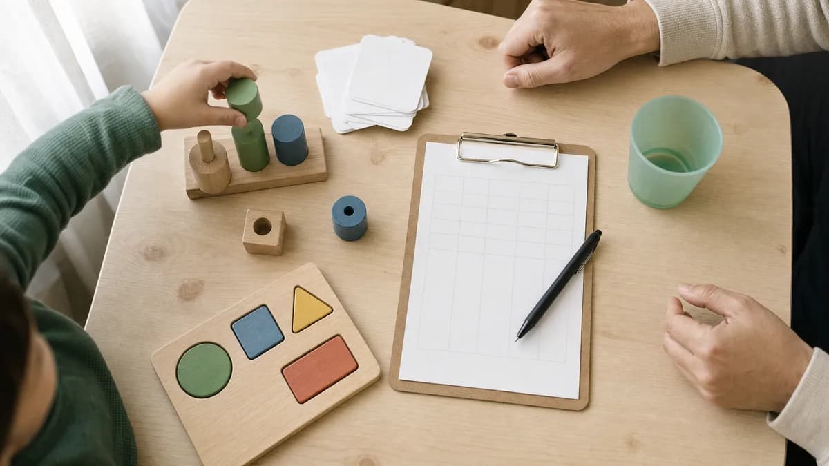 Materiales de terapia sobre una mesa baja en una sala luminosa de DDE.